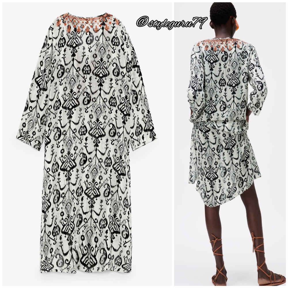 NWT, ZARA, EMBROIDERED TUNIC CAFTAN V NECK DRESS - Picture 3 of 5